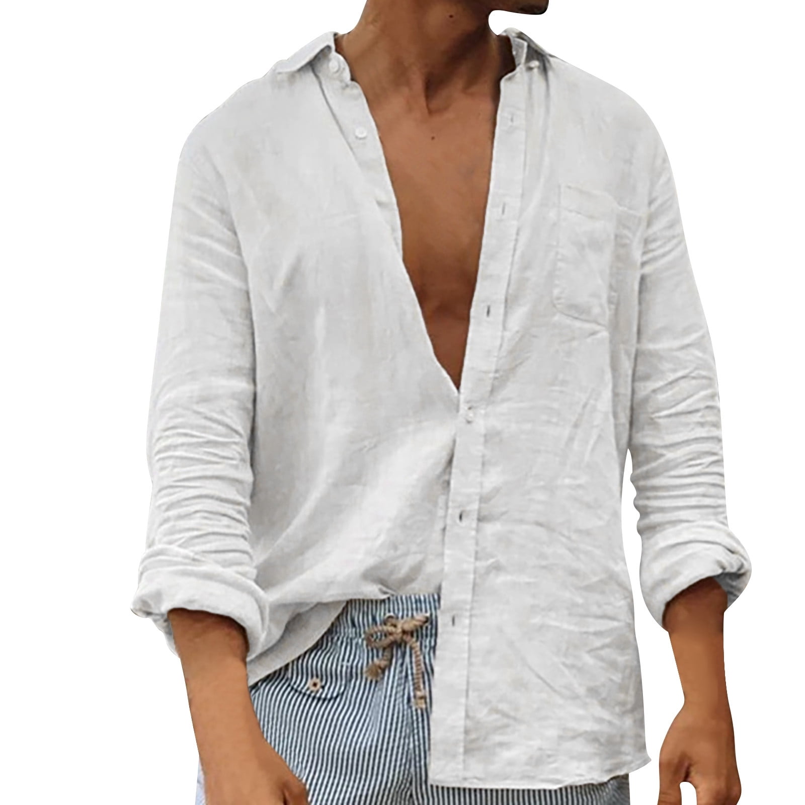Mens Dress Shirts Long Sleeve Solid Relaxed Fit Linen Shirts For Men Ultrathin Casual Button