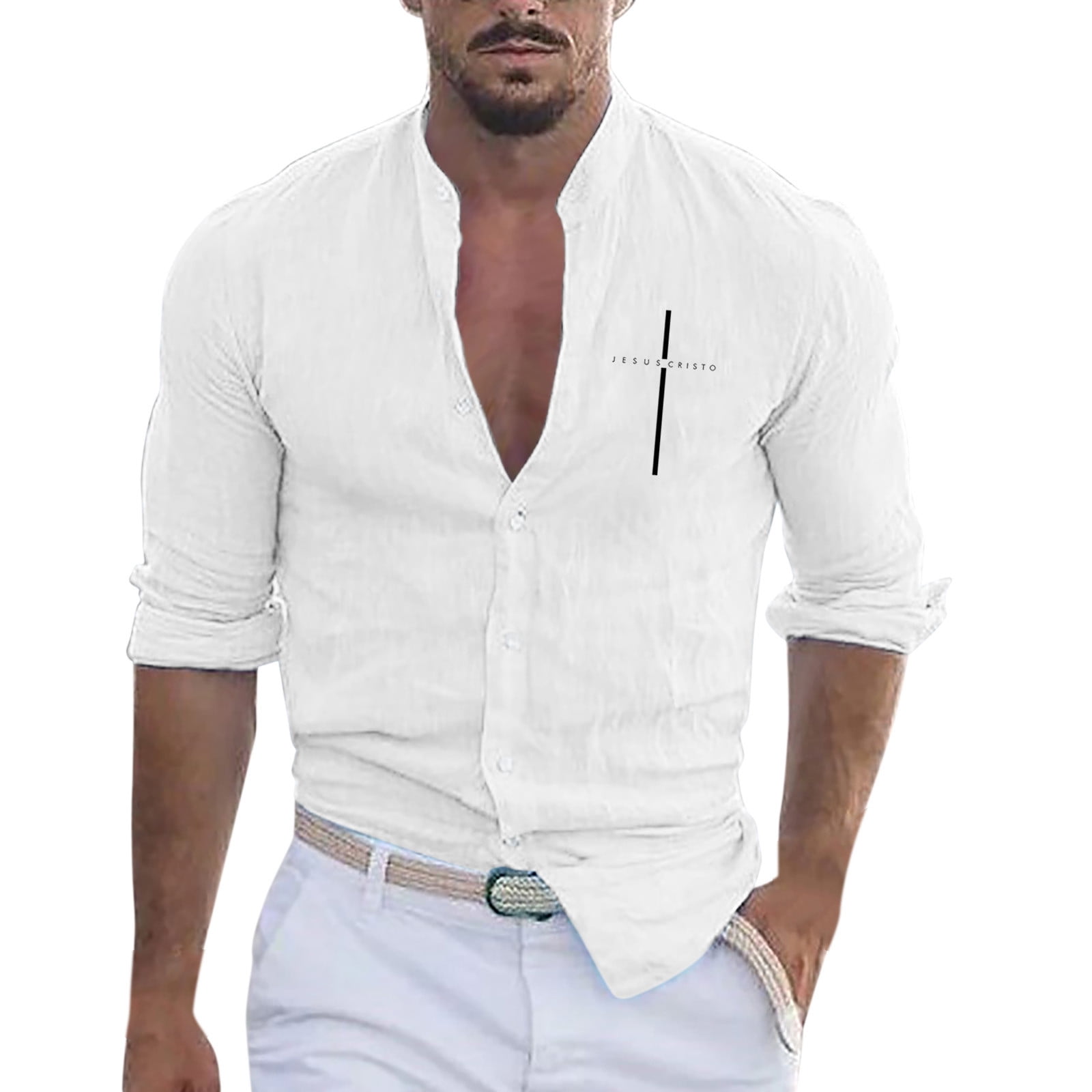 Mens Dress Shirts Long Sleeve Solid Relaxed Fit Men Printing Casual