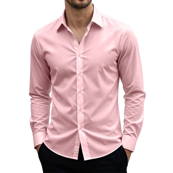 Mens Dress Shirts Long Sleeve Stretch Button Down Shirt Regular Fit Formal Work Slim Fit Business Shirts Pink L