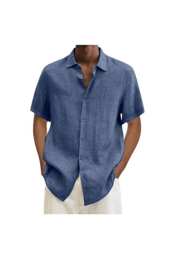Mens Dress Shirts Men Casual T-shirt Solid Short Sleeve Stand Collar Buttons Pullover Blouse Tops Gym Shirts,Blue,XXL