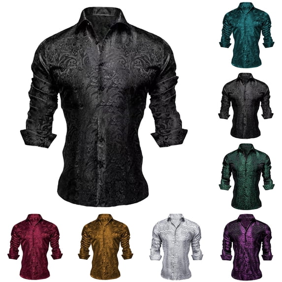 Mens Dress Shirts Paisley Long Sleeve Button Down Shirt Wedding Party Formal Regular Fit Tops Dark Green1 XXL