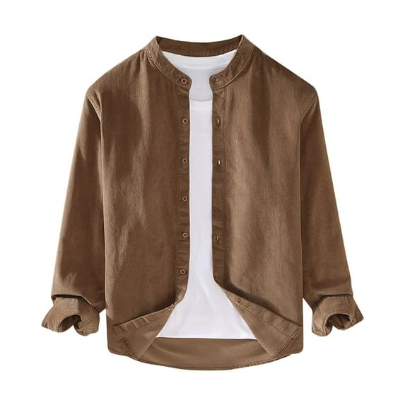 Mens Dress Shirts Retro Corduroy Stand Up Collar Solid Color Fashionable Long Sleeved Button Down Tops Sizes XL