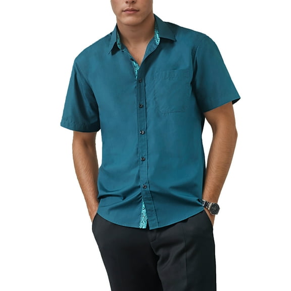 Mens Dress Shirts Short Sleeve Button Down Shirt Inner Contrast Formal Shirt Teal S