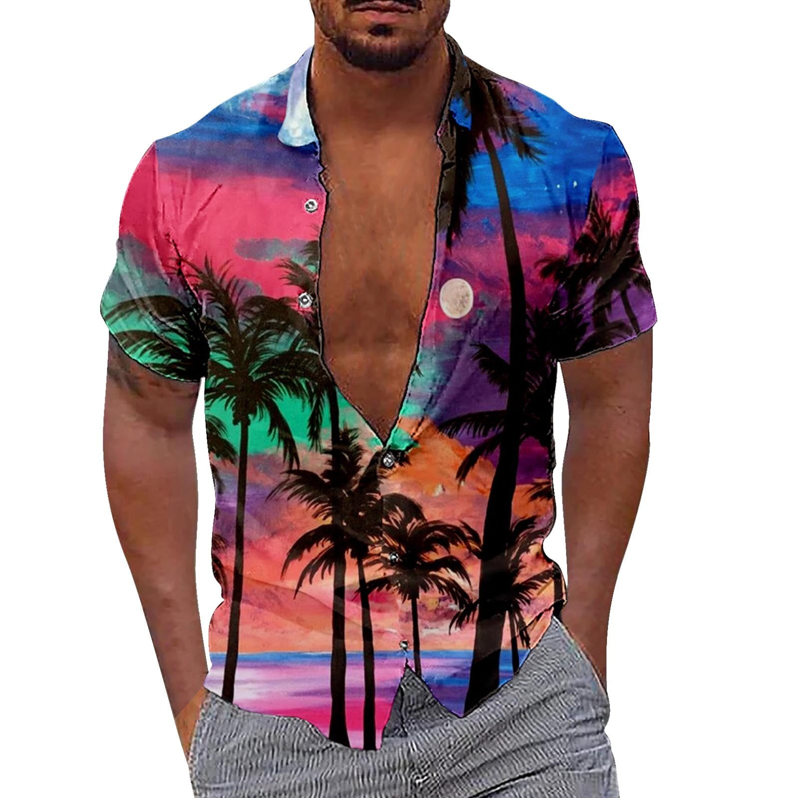 Mens Dress Shirts Short Sleeve Hawaiian Print Relaxed Fit Style Coconut