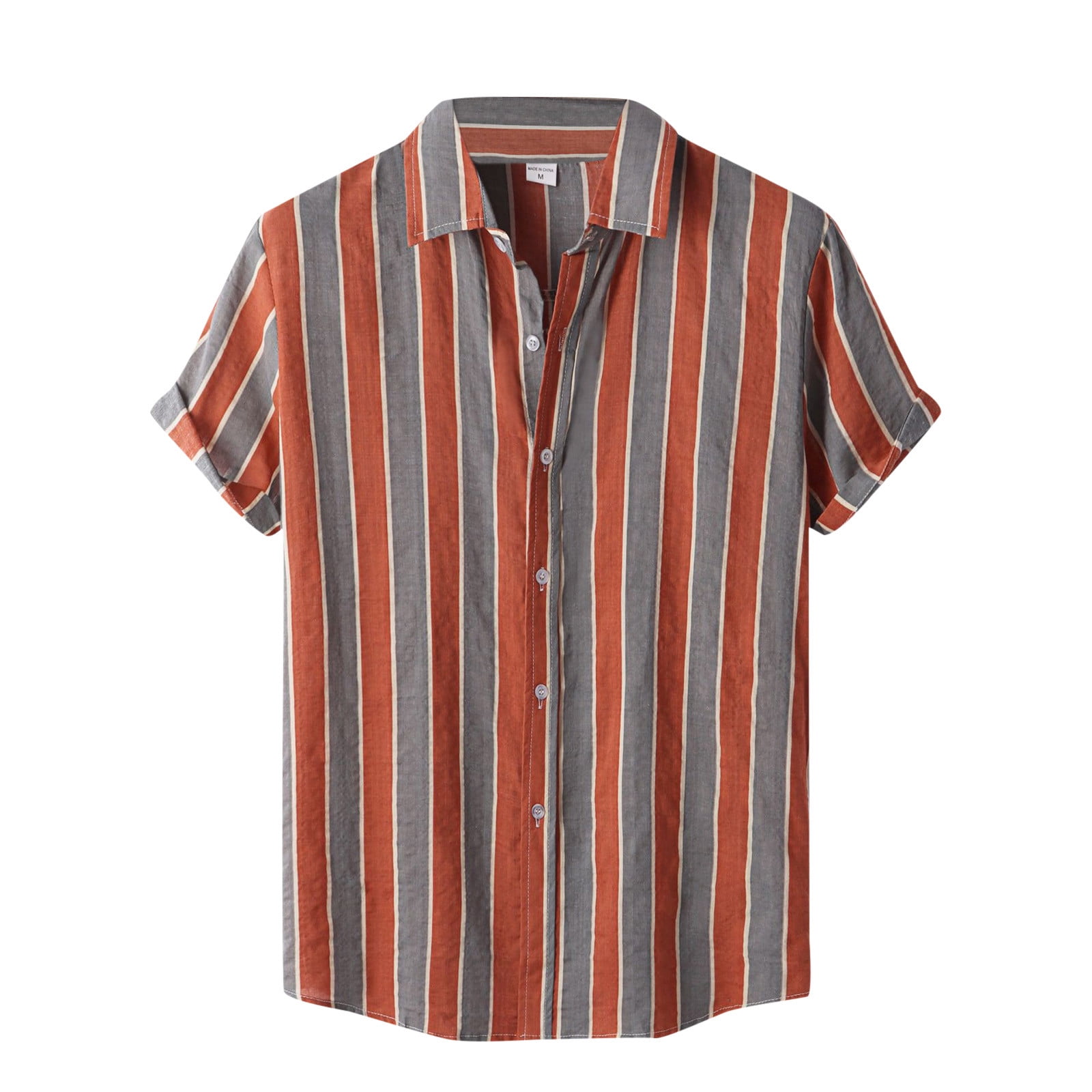 Men's Casual Vertical Stripe Red Shirt in Relaxed Fit with Short
