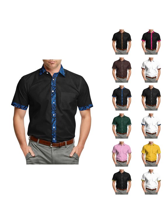 Mens Dress Shirts Summer Short Sleeve Button Down Lapel Collar 4 Way Stretch Color Block Business Casual Shirt