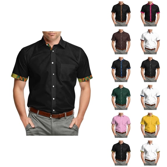 Mens Dress Shirts Summer Short Sleeve Button Down Lapel Collar 4 Way Stretch Color Block Business Casual Shirt