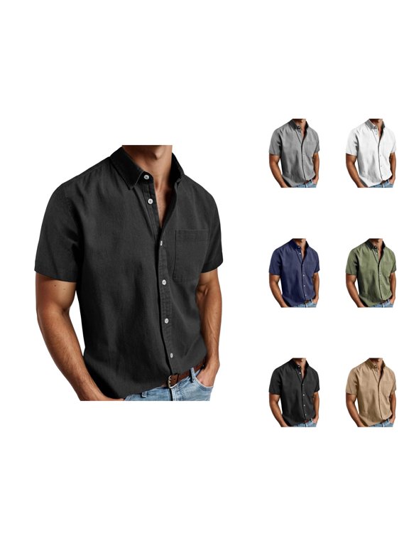 Mens Dress Shirts Summer Short Sleeve Button Down Lapel Collar Business Casual Work Shirt