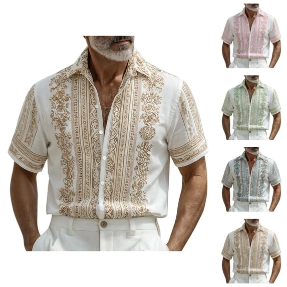 Mens Dress Shirts Summer Short Sleeve Button Up Notch Collar Relaxed Fit Hoho Floral Print Beach Shirt