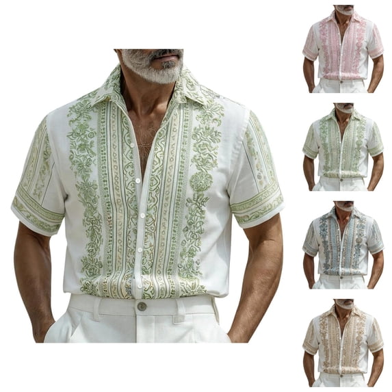 Mens Dress Shirts Summer Short Sleeve Button Up Notch Collar Relaxed Fit Hoho Floral Print Beach Shirt