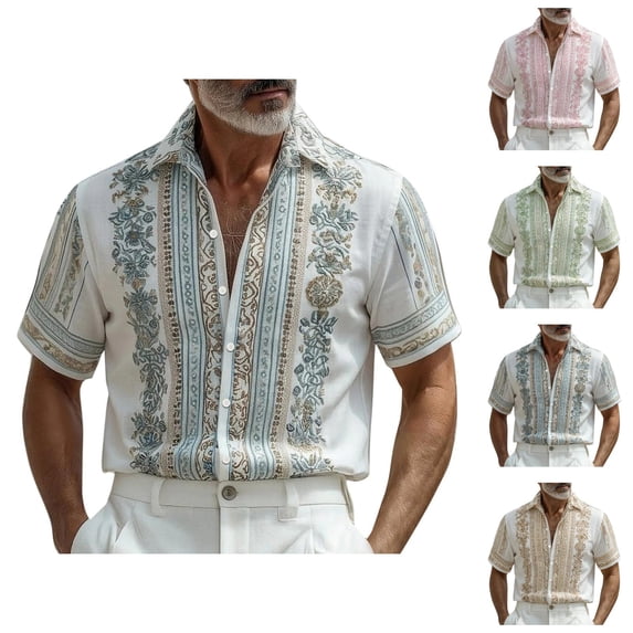 Mens Dress Shirts Summer Short Sleeve Button Up Notch Collar Relaxed Fit Hoho Floral Print Beach Shirt