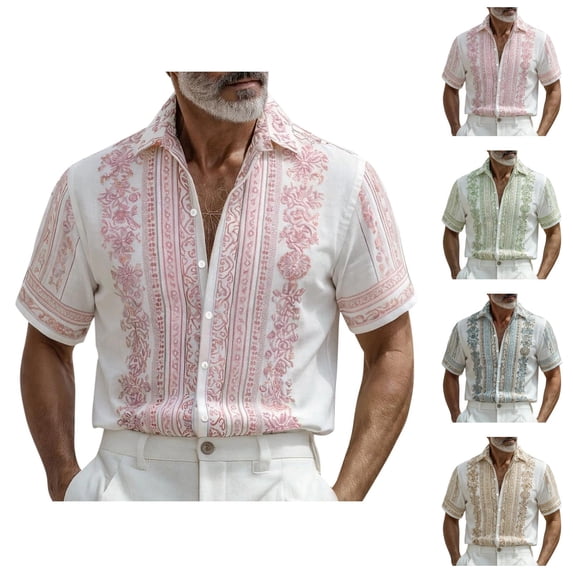 Mens Dress Shirts Summer Short Sleeve Button Up Notch Collar Relaxed Fit Hoho Floral Print Beach Shirt