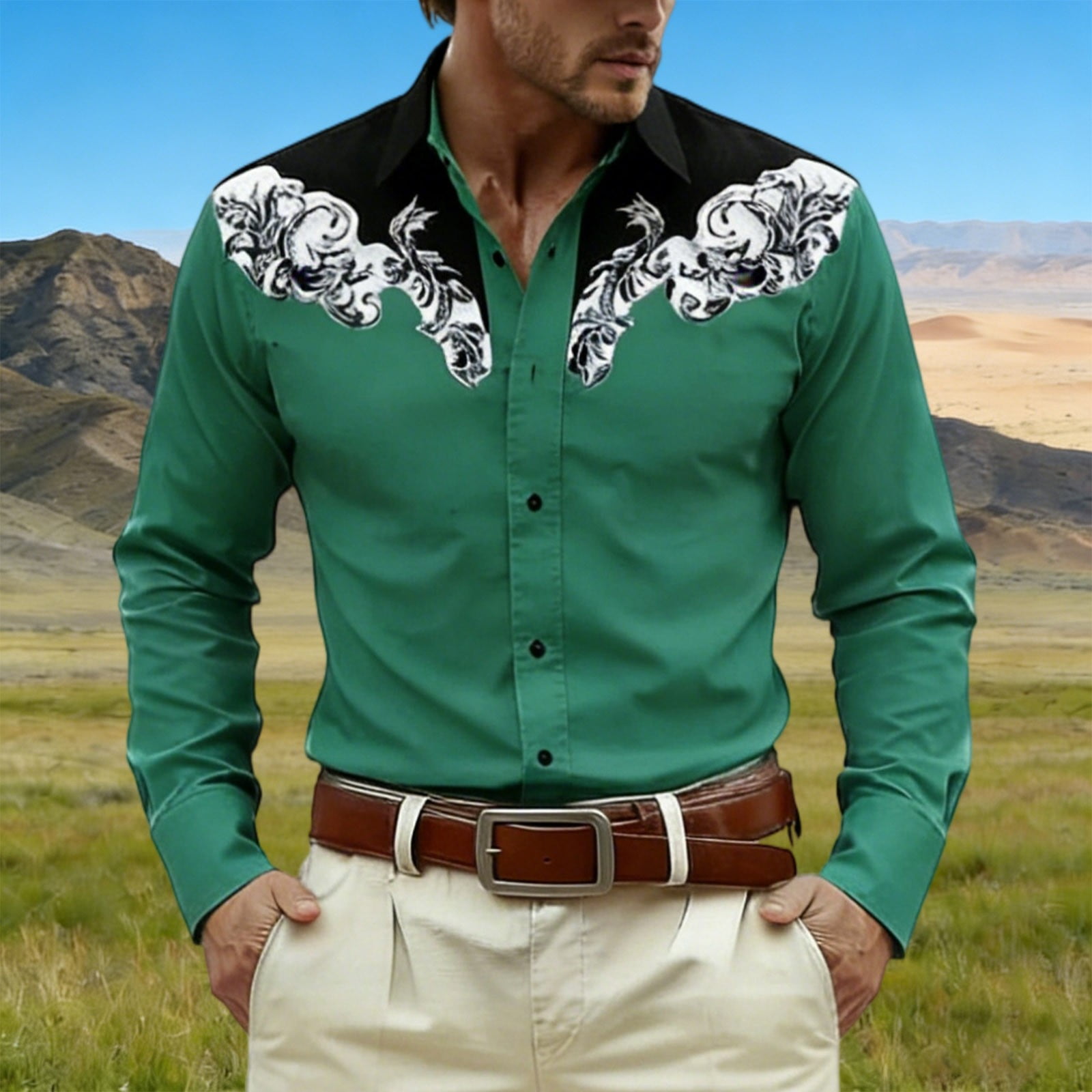 cowboys dress shirts SOFTCCLO Mens Western Print Long Sleeve Button Lapel Top Casual Carnival Classic Comfortable Shirt for Men Dark Green S, Men's Team graphic on printed on left chest Western Wear Cowboys Button Up