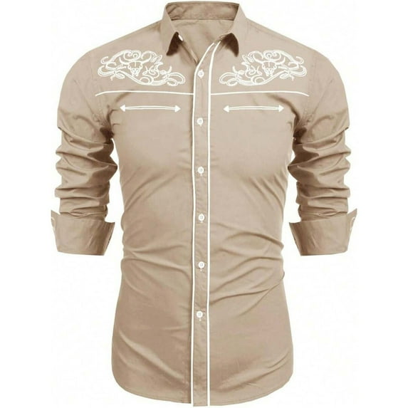 Mens Dress Shirts Western Cowboys Print Long Sleeve Button Lapel Top Casual Carnival Classic Comfortable Shirt for Men Khaki M