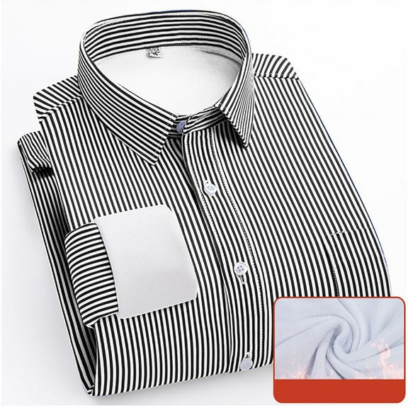 Mens Dress Shirts with Pocket Fleece Lined Long Sleeve Button-Down Tshirts Shirt Business Casual Slim Stripe Printed Warm Lapel Office Work Tops