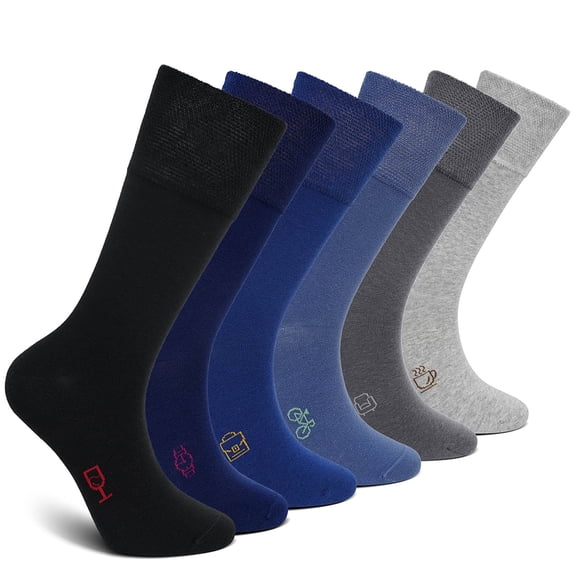 Mens Dress Socks, AMITOFO Cotton Breathable Pattern Socks with Non-Binding Loose Top, Classic Mid Calf Socks for Office and Business Wear, 6 Pairs Multi-Color