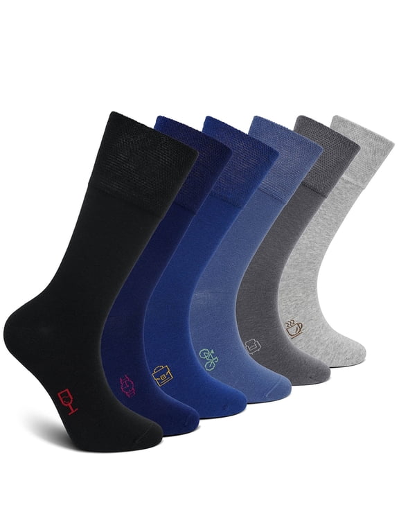 Mens Dress Socks, AMITOFO Cotton Breathable Pattern Socks with Non-Binding Loose Top, Classic Mid Calf Socks for Office and Business Wear, 6 Pairs Multi-Color