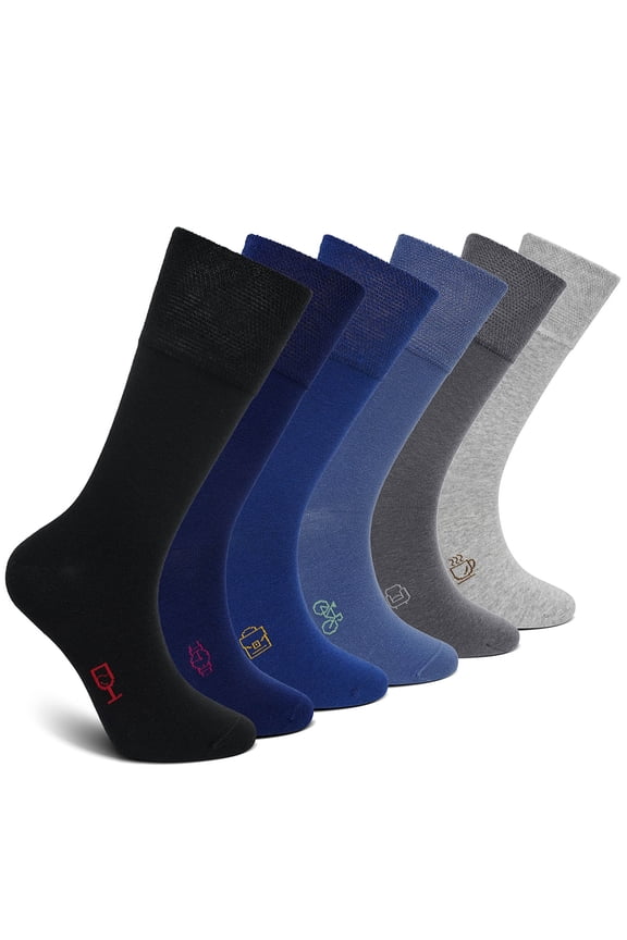 Mens Dress Socks, AMITOFO Cotton Breathable Pattern Socks with Non-Binding Loose Top, Classic Mid Calf Socks for Office and Business Wear, 6 Pairs Multi-Color