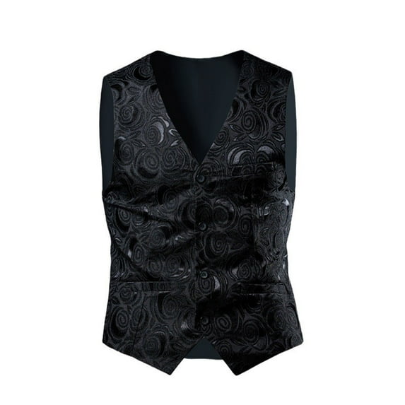Mens Dress Suit Vest Victorian Paisley Floral Waistcoat Steampunk Fashion Jacquard Print Business Casual Formal Vest, Black, L