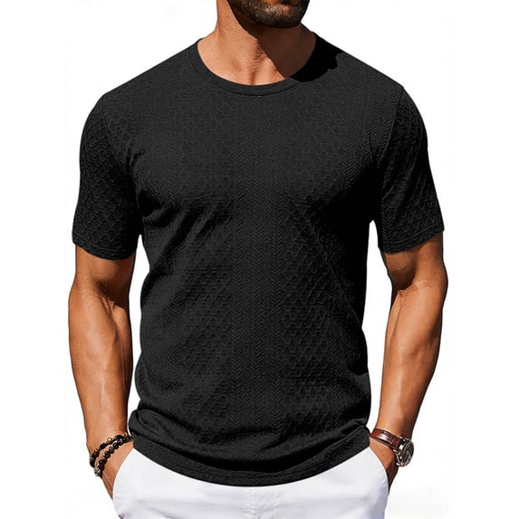 Mens Dress T Shirt Men's Summer Solid Color T-Shirt Textured Casual Breathable Short Sleeved Crew Neck Pullover Dresses Tee Tops Black XL