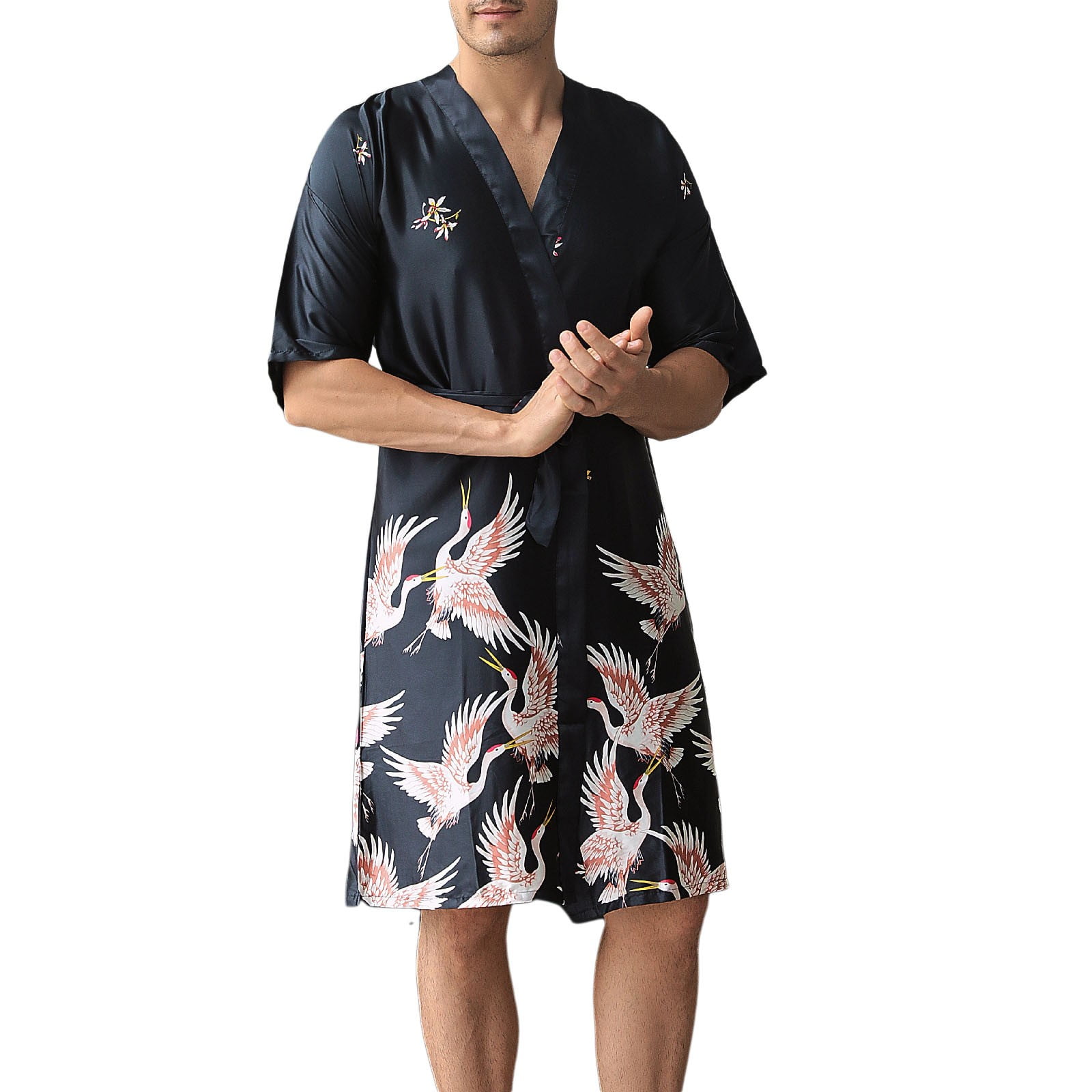 Mens Dressing Gown Summer Medium Length Printed Silk Dressing Gown