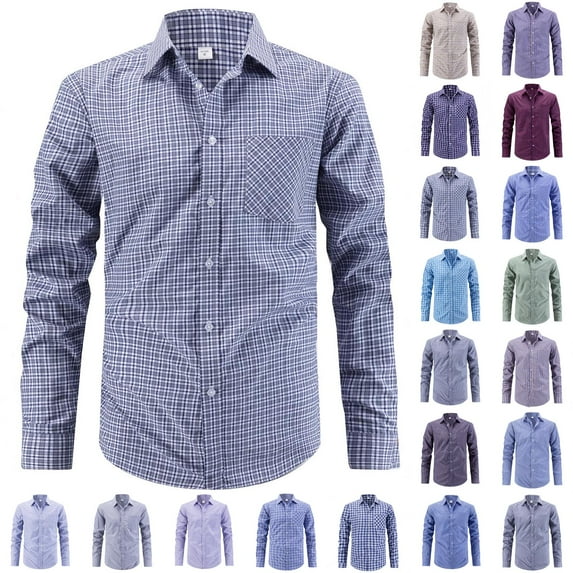 BiZtdJrK Mens Dressy Business Shirts Fashion Plaid Long Sleeve Turndown Collar Shirt with Pocket Casual Button up Tops, Navy, XXXL
