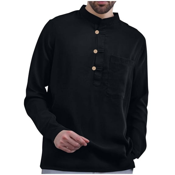 Mens Dressy Casual Shirts Long Sleeve Button down Blouses Stand Collar Loose Tops Pullover Work Office Outfits Black, L