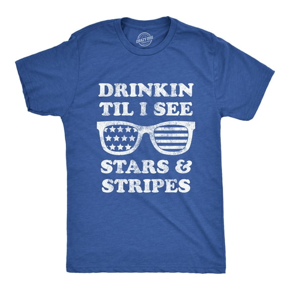 Mens Drinkin Til I See Stars and Stripes T Shirt Funny 4th Of July Sunglasses Graphic Tee Graphic Tees