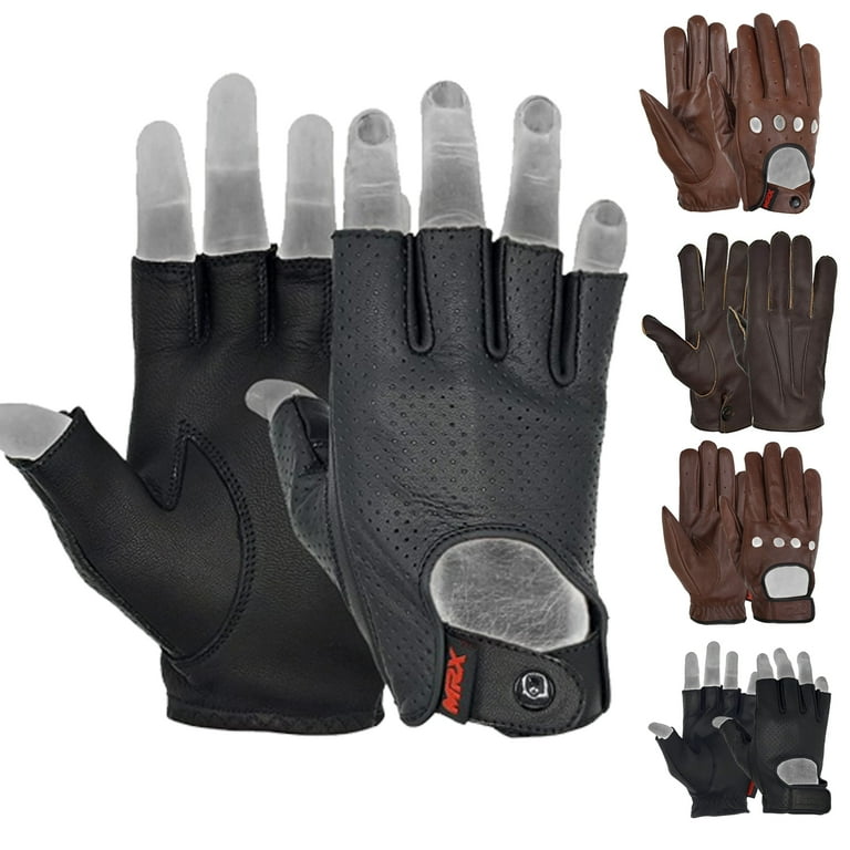 Mens Driving Gloves Basic Soft Goat Leather Fingerless Breathable