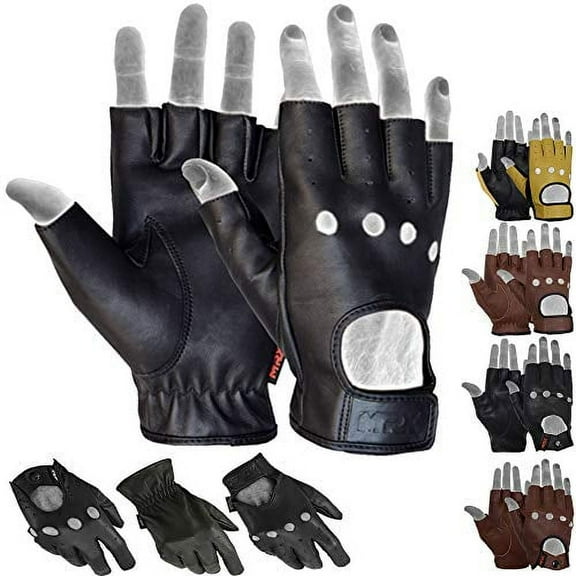 Mens Driving Gloves Basic Soft Goat Leather Fingerless Breathable Biker Motorcycle Riding Cycling Shooting Glove Half Finger, Black (Medium)