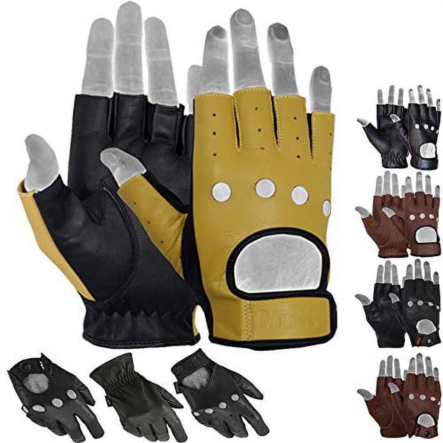 Mens Driving Gloves Basic Soft Goat Leather Fingerless Breathable Biker Motorcycle Riding Cycling Shooting Glove Half Finger, Black/Tan (X-Large)