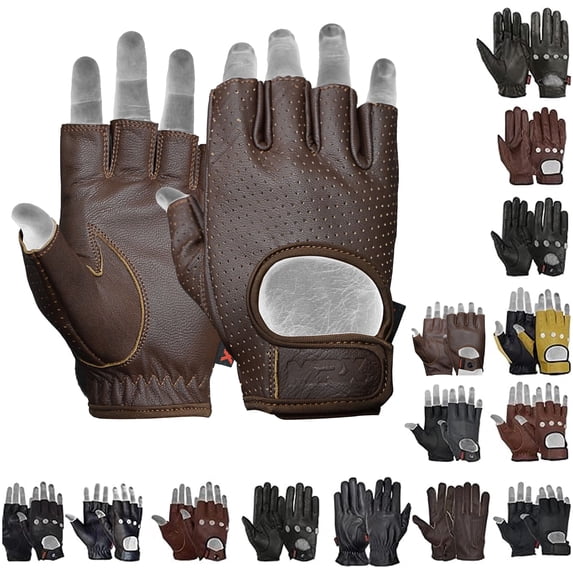 Mens Driving Gloves Basic Soft Goat Leather Fingerless Breathable Biker Motorcycle Riding Cycling Shooting Gloves Half Finger Brown Strap (X-Large)