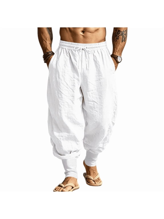 Mens Drop Crotch Harem Pants, Loose Fit Drawstring Waist Casual Cotton Linen Summer Beach Yoga Bottoms White XL
