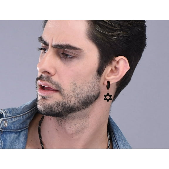 Mens Drop Earrings Huggie Star of David Dangle Dangly Stainless Steel/Black/Gold Hoop Earrings for Women Punk Cool Jewelry Clearance
