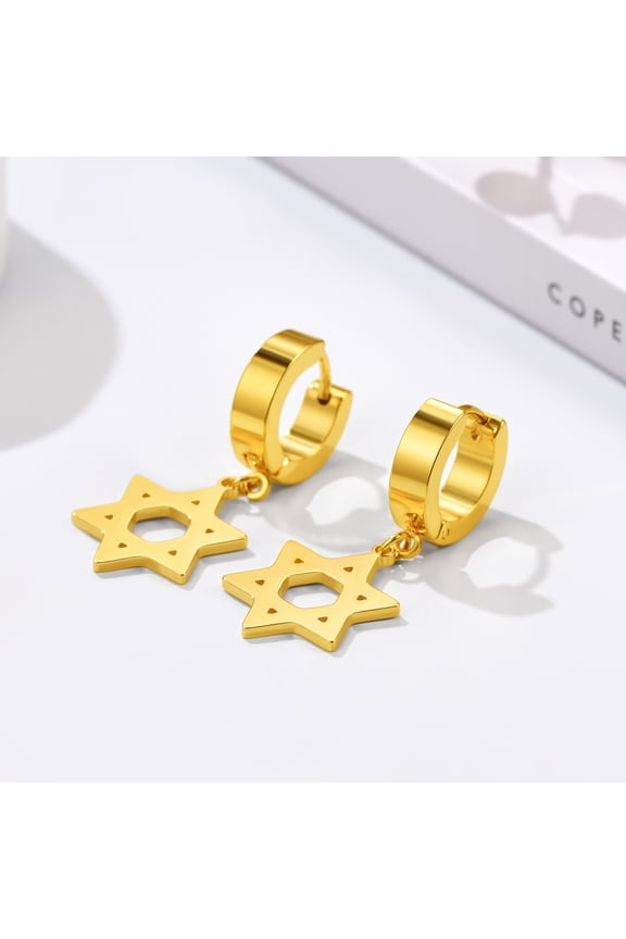 Mens Drop Earrings Huggie Star of David Dangle Dangly Stainless Steel/Black/Gold Hoop Earrings for Women Punk Cool Jewelry Clearance