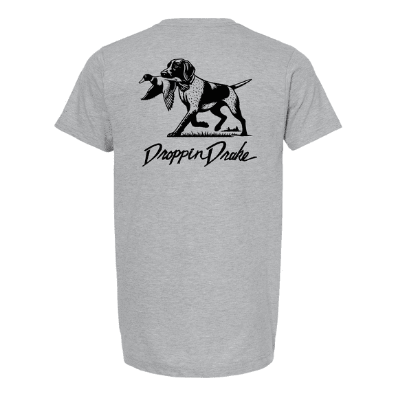 Mens Droppin Drake Dog Carrying Duck Call Hunting Ring Spun Cotton Short Sleeve T-Shirt-Heather Grey-Large