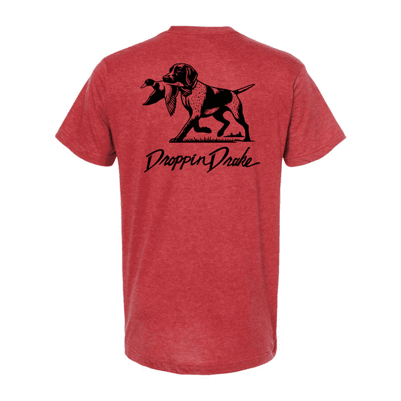 Mens Droppin Drake Dog Carrying Duck Call Hunting Ring Spun Cotton Short Sleeve T-Shirt-Heather Red-Medium