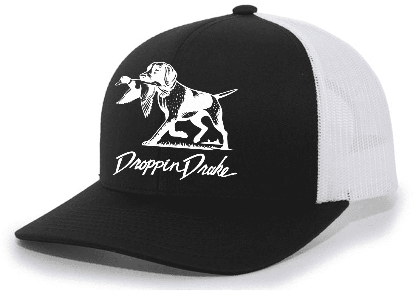 Mens Droppin Drake Dog Carrying Duck Hunting Southern Duck Call Mens Embroidered Mesh Back Trucker Hat-Black/White