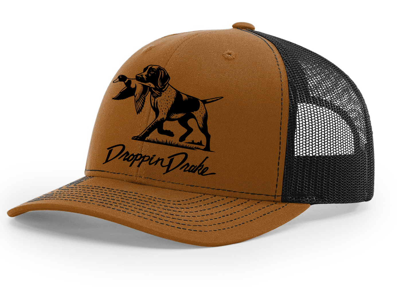 Mens Droppin Drake Dog Carrying Duck Hunting Southern Duck Call Mens Embroidered Mesh Back Trucker Hat-Caramel/Black