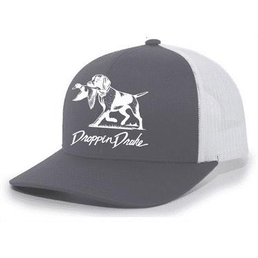 Mens Droppin Drake Dog Carrying Duck Hunting Southern Duck Call Mens Embroidered Mesh Back Trucker Hat-Charcoal/White