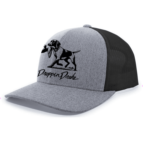 Mens Droppin Drake Dog Carrying Duck Hunting Southern Duck Call Mens Embroidered Mesh Back Trucker Hat-Heather Grey/Black