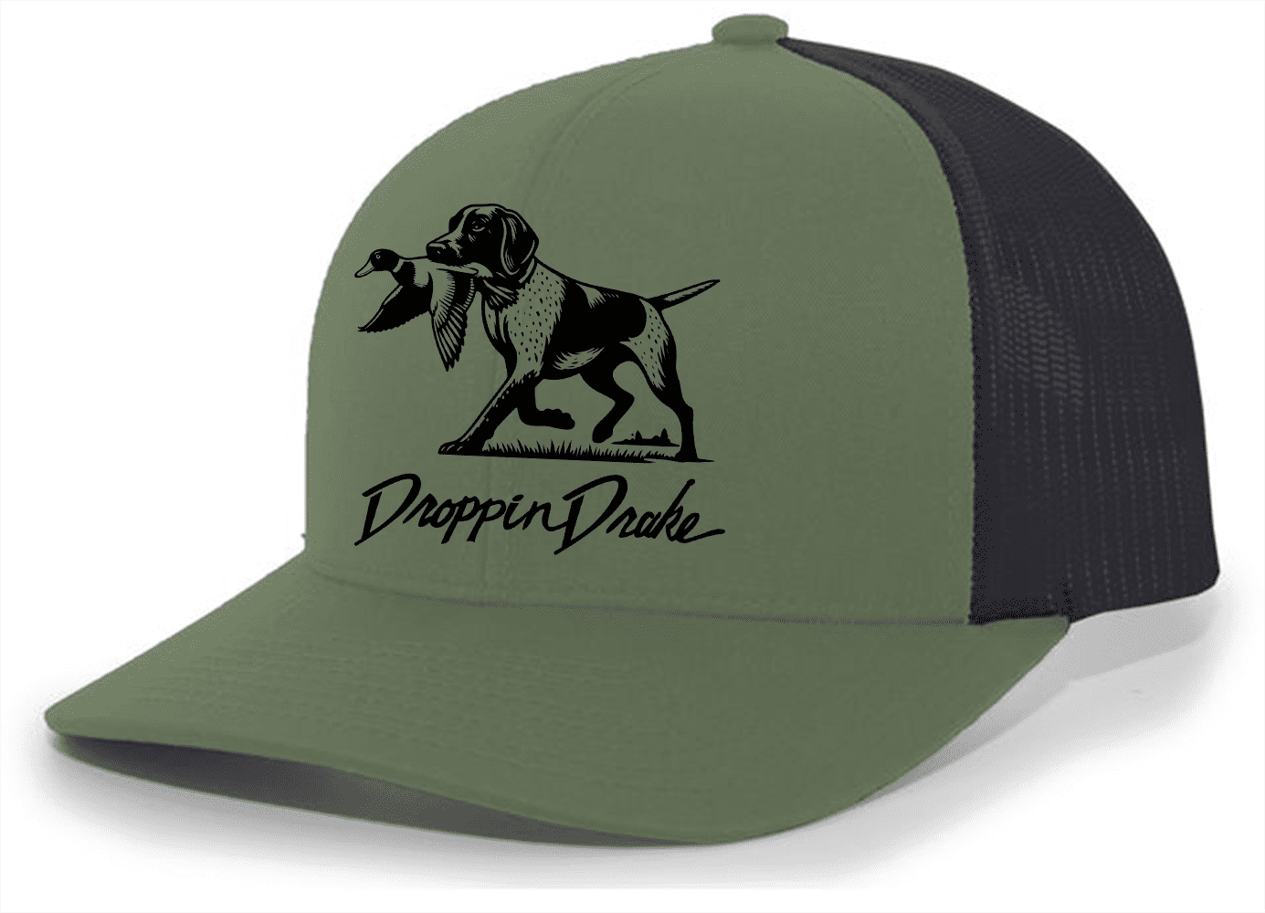 Mens Droppin Drake Dog Carrying Duck Hunting Southern Duck Call Mens Embroidered Mesh Back Trucker Hat-Loden/Black