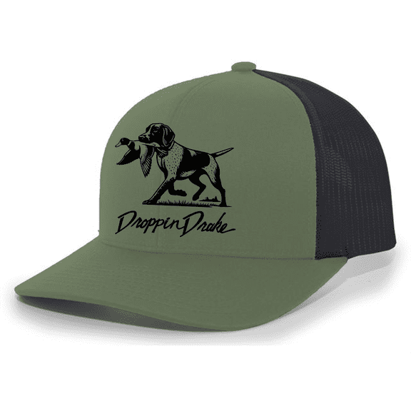 Mens Droppin Drake Dog Carrying Duck Hunting Southern Duck Call Mens Embroidered Mesh Back Trucker Hat-Loden/Black