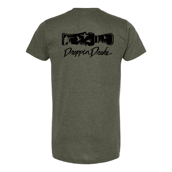 Mens Droppin Drake Hunting Duck Call Scene Ring Spun Cotton Mens Short Sleeve T-Shirt-Heather Military Green-XX-Large
