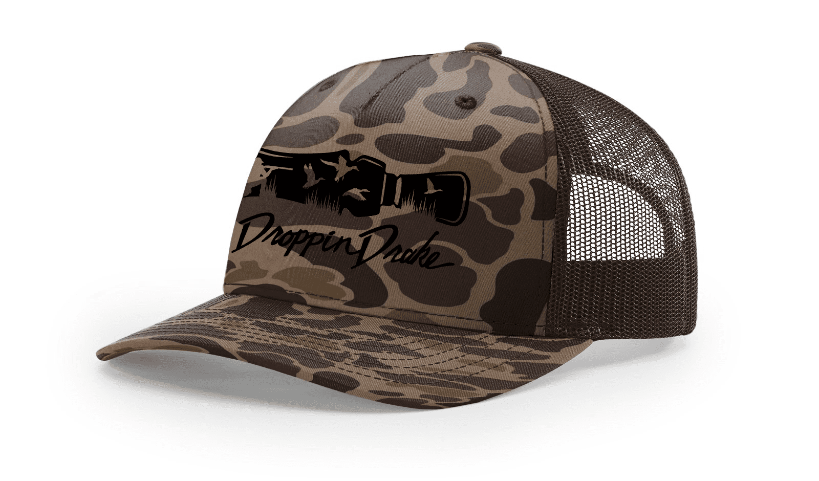 Mens Droppin Drake Hunting Scene Duck Call Hunting Scene Southern Mens Embroidered Mesh Back Trucker Hat-Bark/Camo