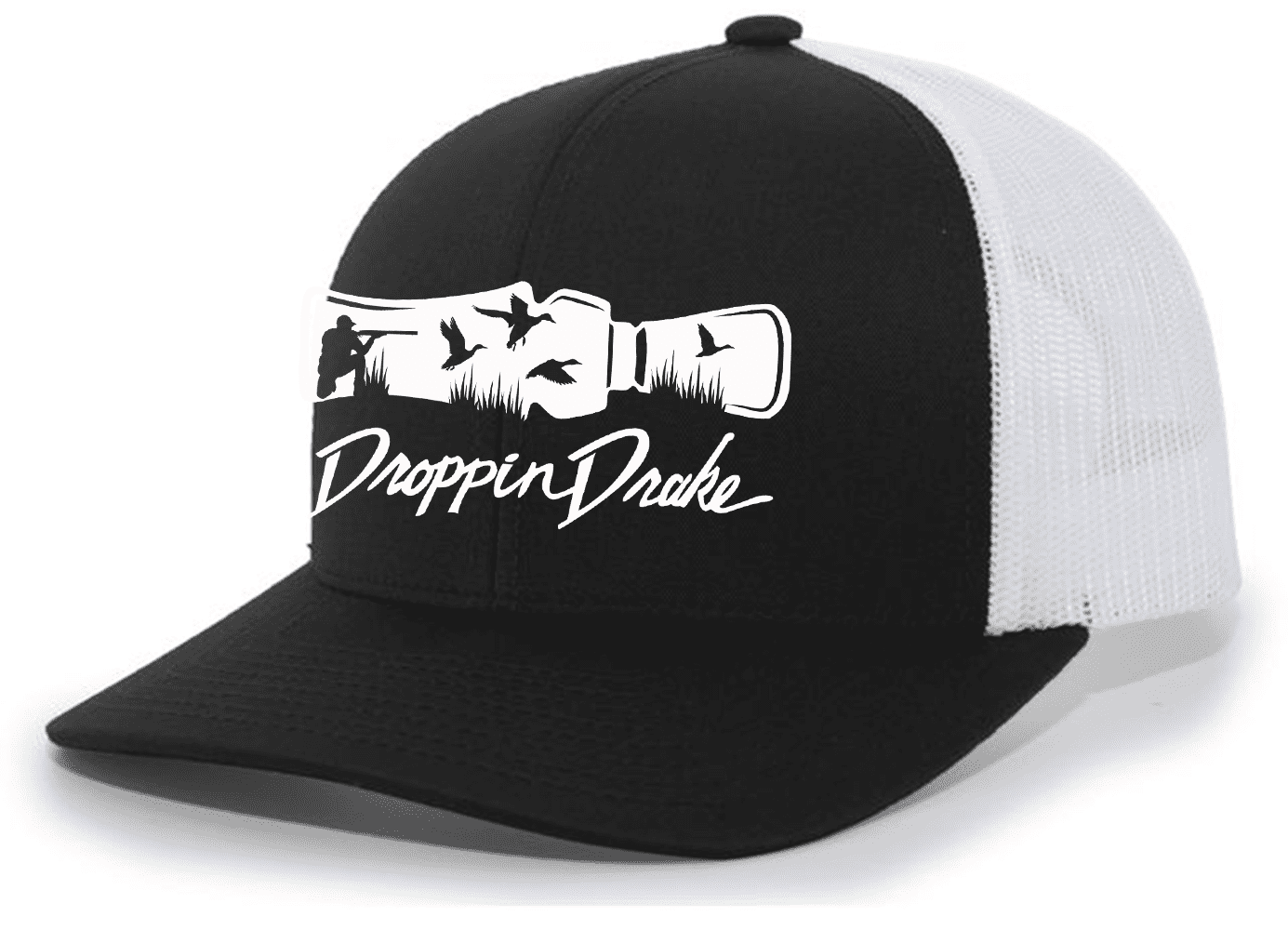 Mens Droppin Drake Hunting Scene Duck Call Hunting Scene Southern Mens Embroidered Mesh Back Trucker Hat-Black/White