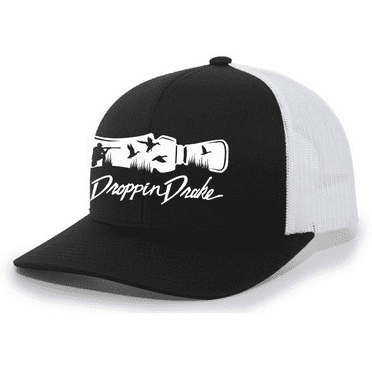 Mens Droppin Drake Hunting Scene Duck Call Hunting Scene Southern Mens Embroidered Mesh Back Trucker Hat-Black/White