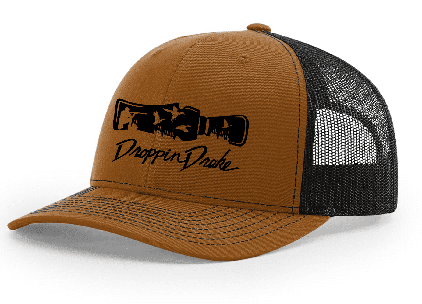 Mens Droppin Drake Hunting Scene Duck Call Hunting Scene Southern Mens Embroidered Mesh Back Trucker Hat Caramel Black