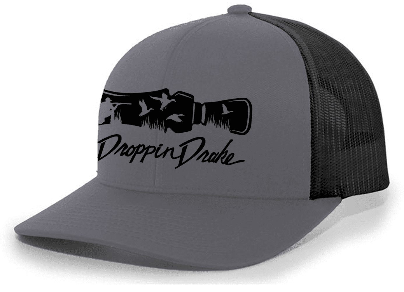 Mens Droppin Drake Hunting Scene Duck Call Hunting Scene Southern Mens Embroidered Mesh Back Trucker Hat-Charcoal/Black