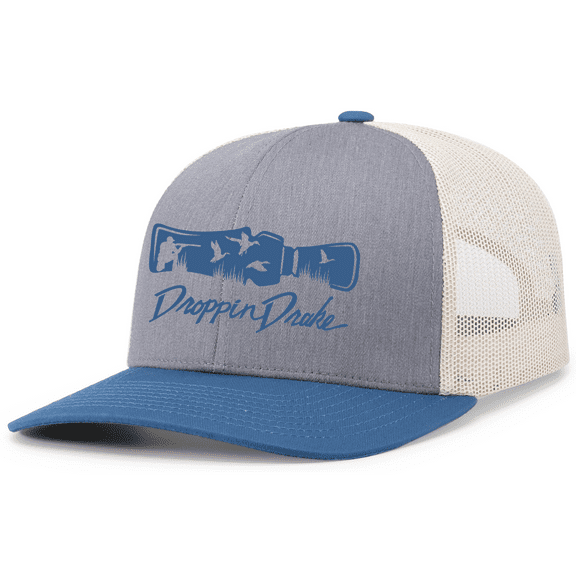 Mens Droppin Drake Hunting Scene Duck Call Hunting Scene Southern Mens Embroidered Mesh Back Trucker Hat-Ocean Blue/Heather Grey/Beige